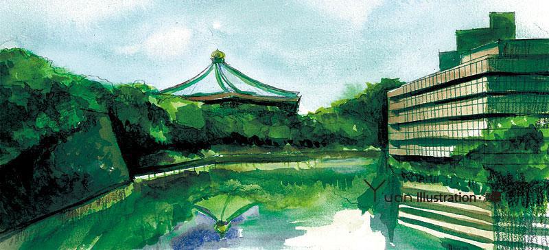 Title : Nippon Budokan / 日本武道館　「清水門より武道館を臨む」 Illustrator / Printing designer : Junichi Shimura Producer : M.M Date : August 2008 Art : Water color / Sketching
